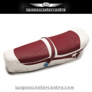 Dual seat with grab strap. Powder coated sprung base with vinyl covering. Custom red/white with star logo.