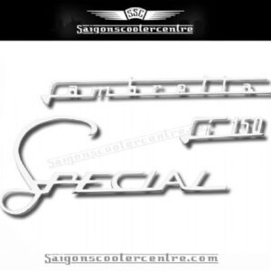"Li 150 Special" 3 piece set legshield badges. Brass and chrome plated